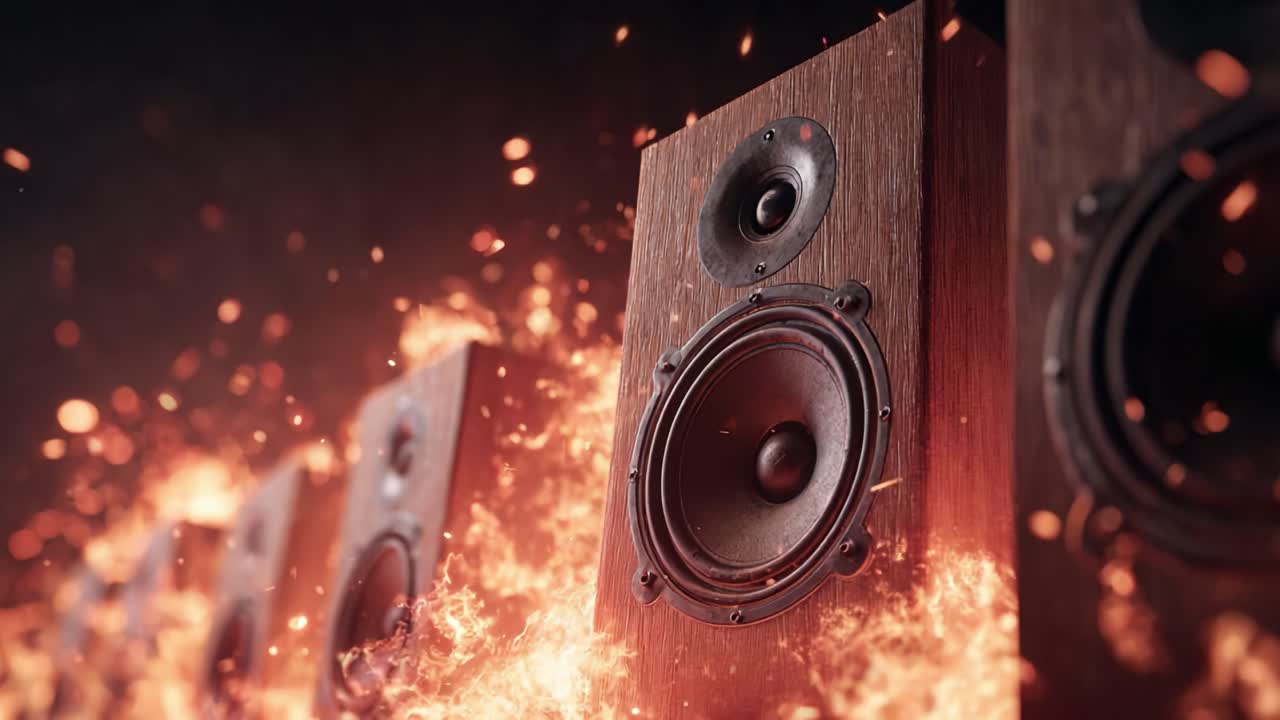 Onde sonore dinamiche: fuoco intenso che circonda potenti altoparlanti in legno crea una coinvolgente sinfonia visiva in movimento.