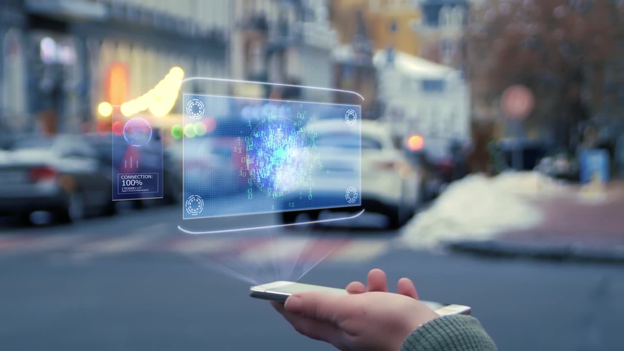 las manos femeninas interactúan hud holograma código de hacking