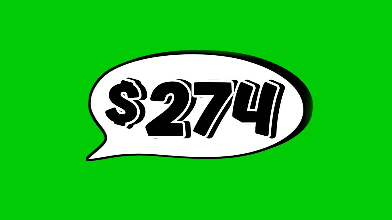 Green screen animation of a "$274 " price in a speech bubble. Perfect for sales, ads, or promo videos. Easy to use and customize in your projects video element