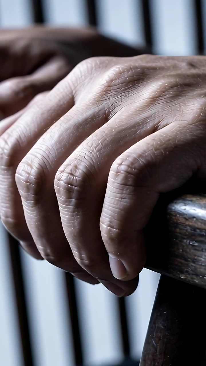 Vertical video: Camera focusing right hand pressing rail in room for grip with brown cuff and slats