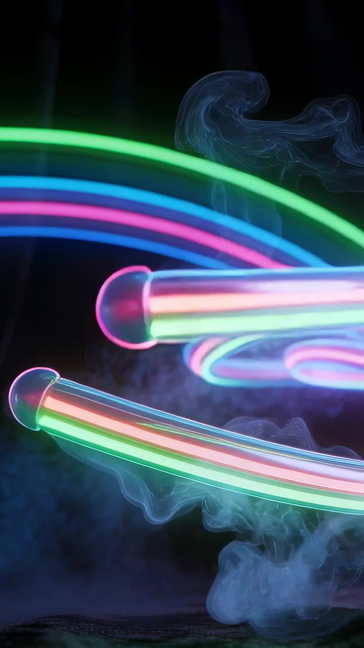 Vertical video: Starting tricolor neon ribbons looping on smoky stage, fog activating, glowing tip