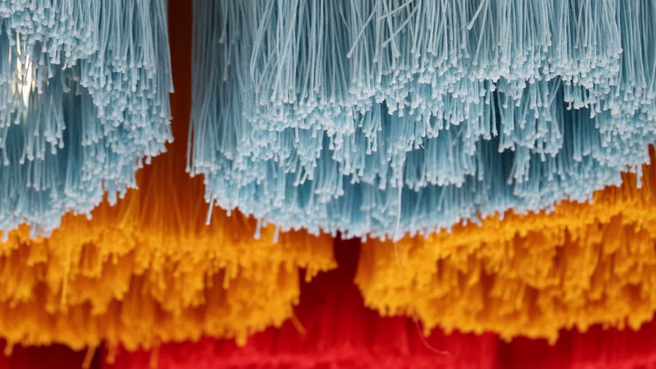 Close-up view of layered blue, orange, and red textile strands showcasing intricate textures and vibrant colors.