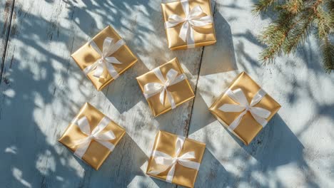 gold gift boxes with white bows on a wooden background