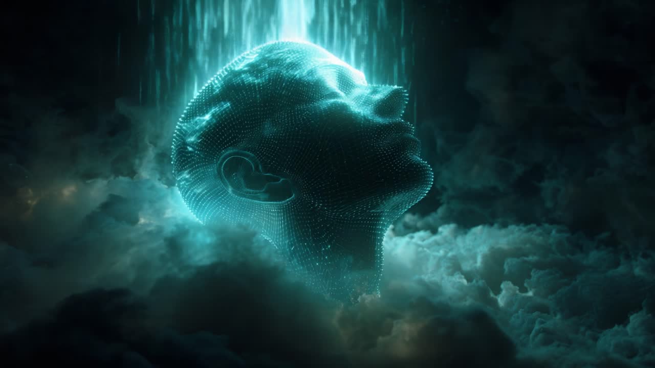 An ethereal digital representation of a human head emerges from a misty cloud environment, illuminated by a cascade of glowing binary code, symbolizing the convergence of human consciousness and technology