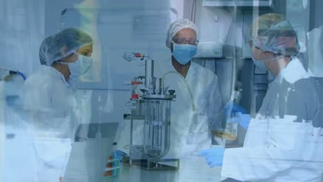 animación de científicos trabajando en un laboratorio sobre personas en una calle en el fondo.