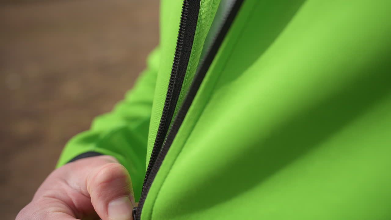 primer plano de unas manos subiendo la cremallera de una chaqueta al aire libre; persona abrochando la cremallera de su chaqueta verde antes de salir a correr; enfoque en las manos abrochando la cremallera de la chaqueta verde antes de correr en un parque urbano