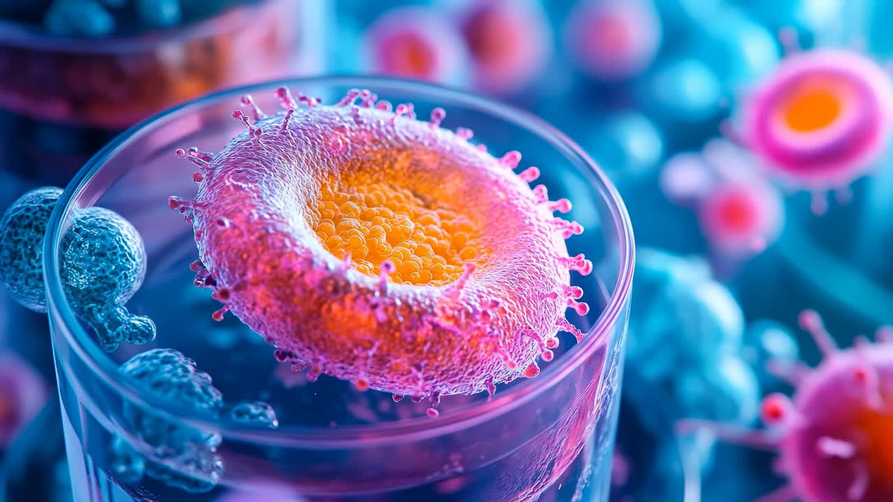 Celledeling foregår i et laboratoriemiljø. Forskere studerer celledeling under et mikroskop i et laboratorium om natten. Klare farver fremhæver aktiviteten