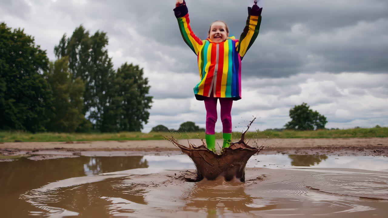 Young girl joyfully splashing in a muddy puddle