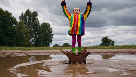 young girl joyfully splashing in a muddy puddle