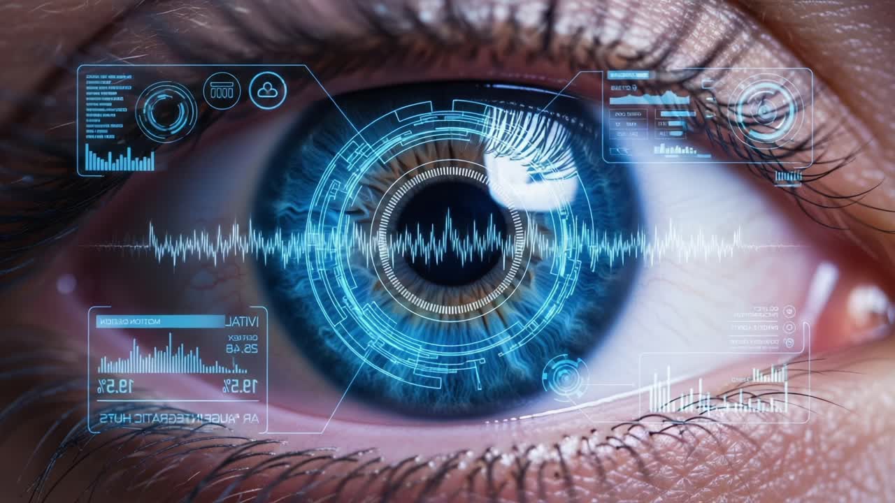 Futuristic Eye Interface with Data Visualization and Advanced Analytics Overlaid on a Human Eye for Technology and Innovation Concept