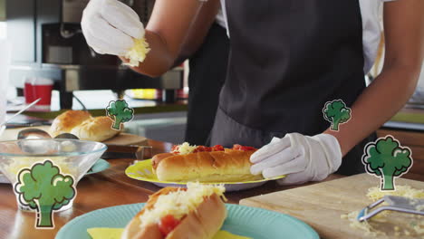 animación de brócoli sobre una vendedora de alimentos que prepara comida para el cliente