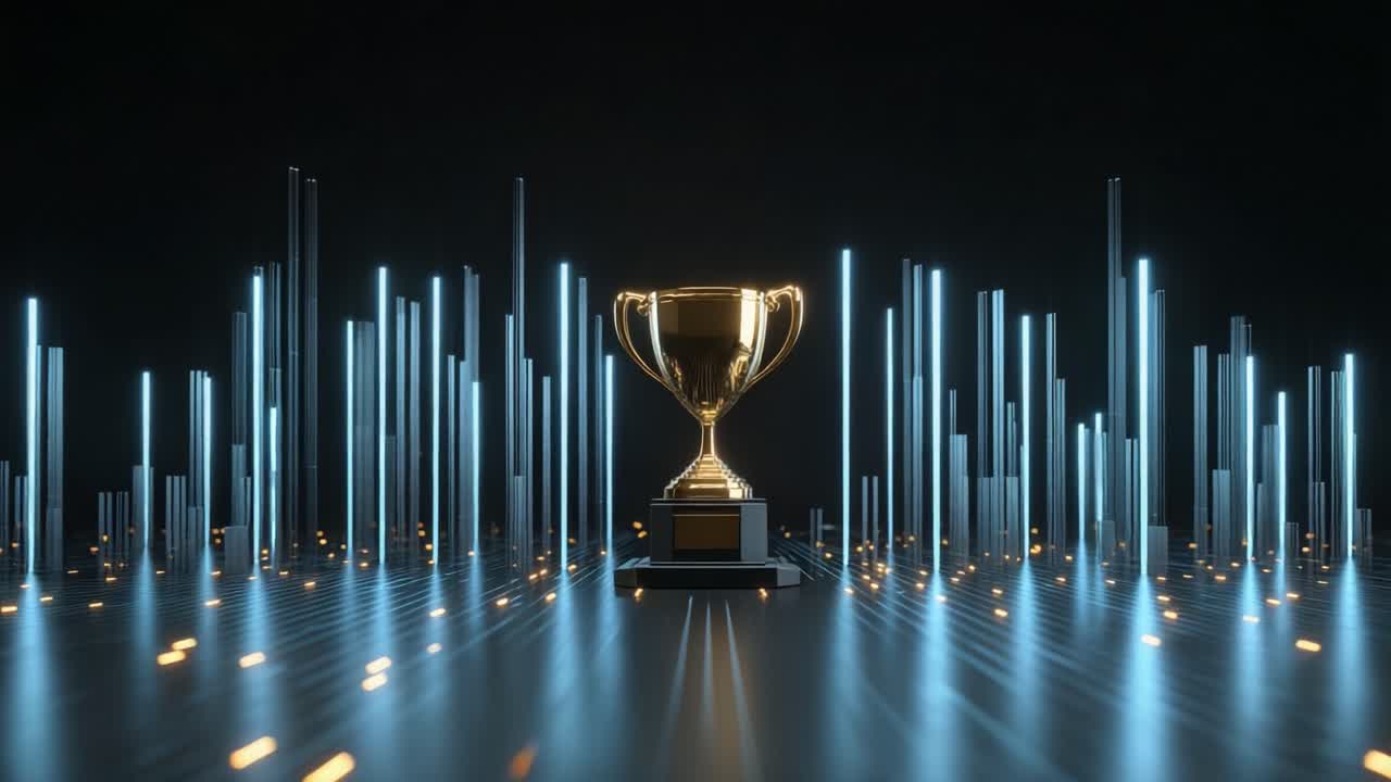 Shiny golden trophy standing on a reflective surface, surrounded by glowing blue neon lights on a dark background, symbolizing achievement, victory, and the pinnacle of success