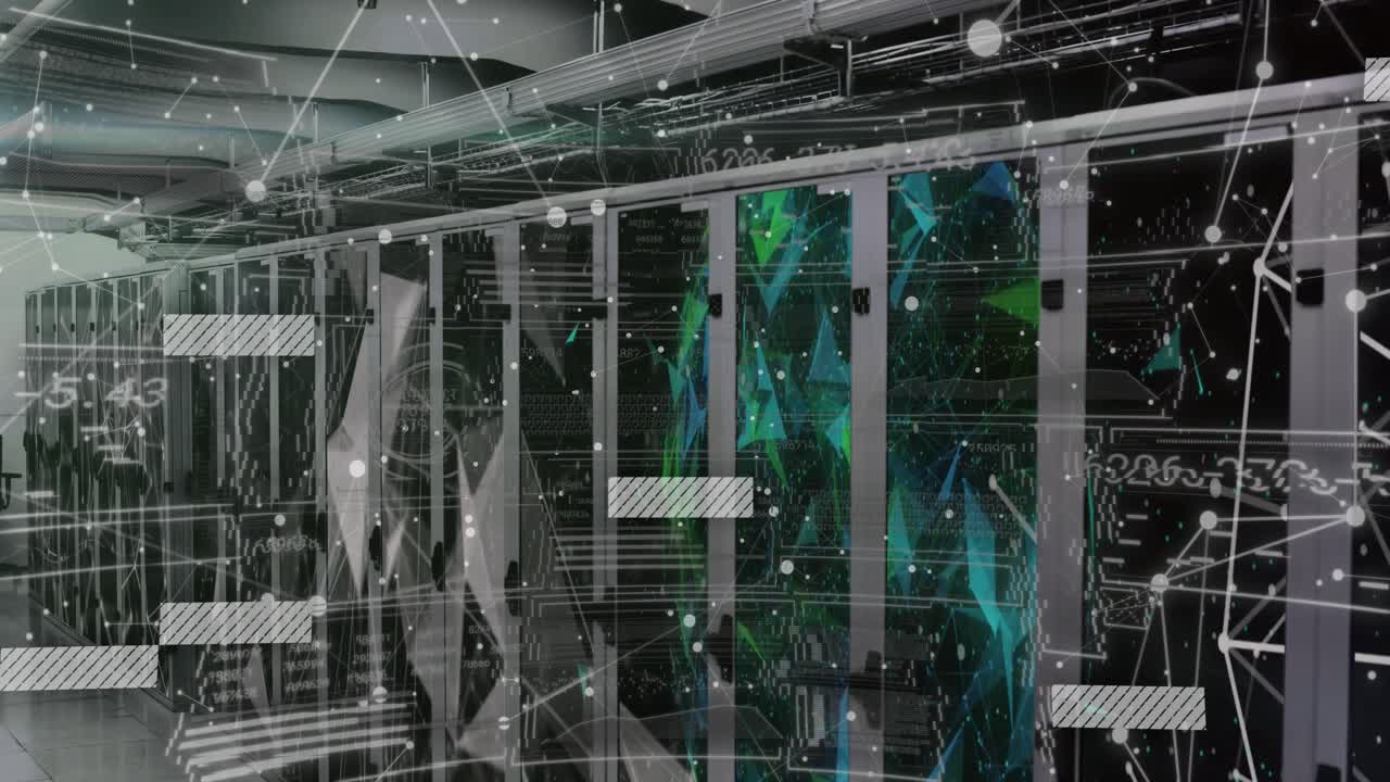 Server racks showing translucent network overlay and cable trays in data center, in 3D render