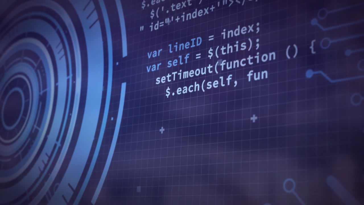 Technology animation with digital interface elements and grid pattern on blue background