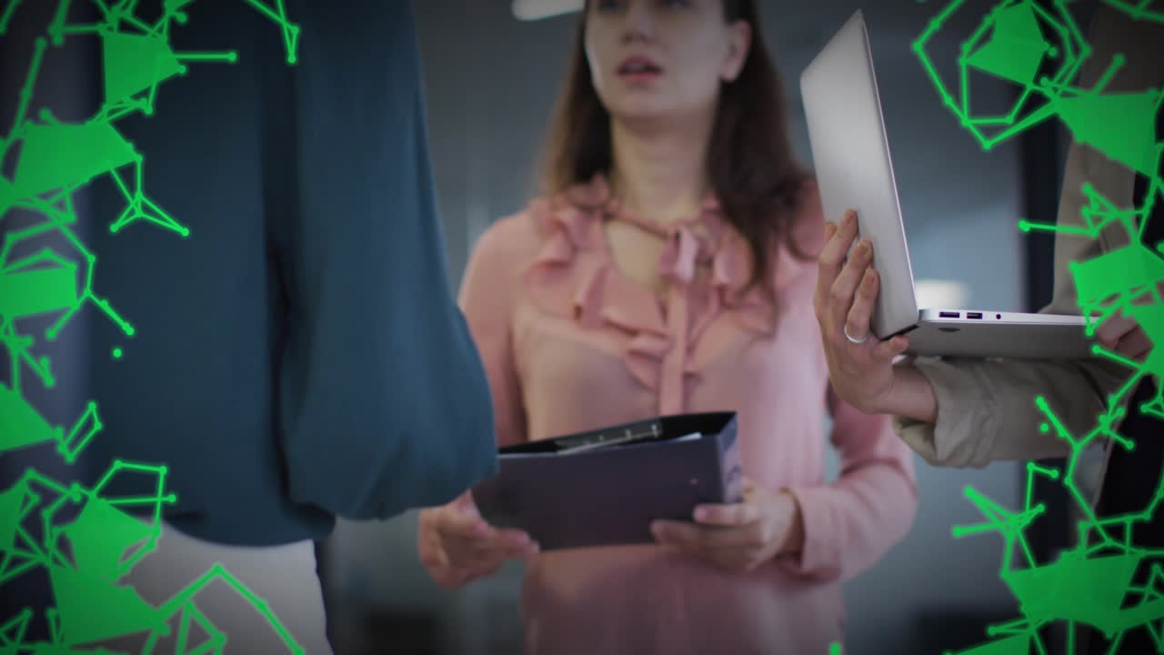 Pink woman accepting business handshake after blue blouse extending hand, green overlay thickening