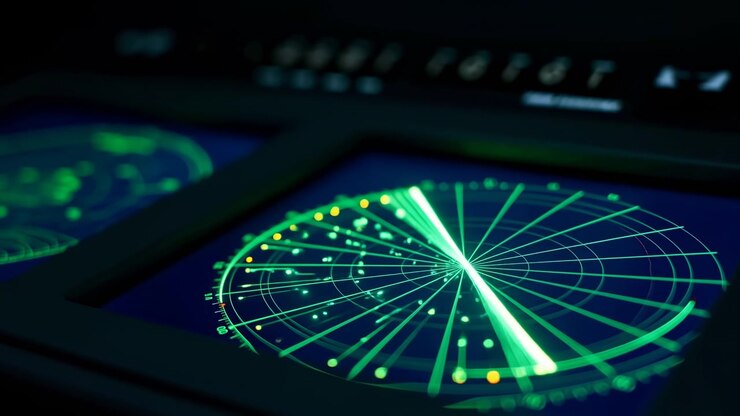 Glowing circular interface changes as fan-shaped scanning lines move around center grid, while green markers and small amber points remain visible across dark electronic panel.