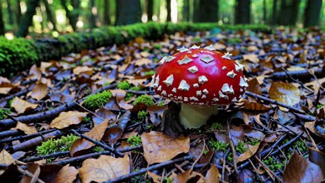 low-angle video shot of a vibrant red mushroom in a forest, surrounded by fallen leaves and moss