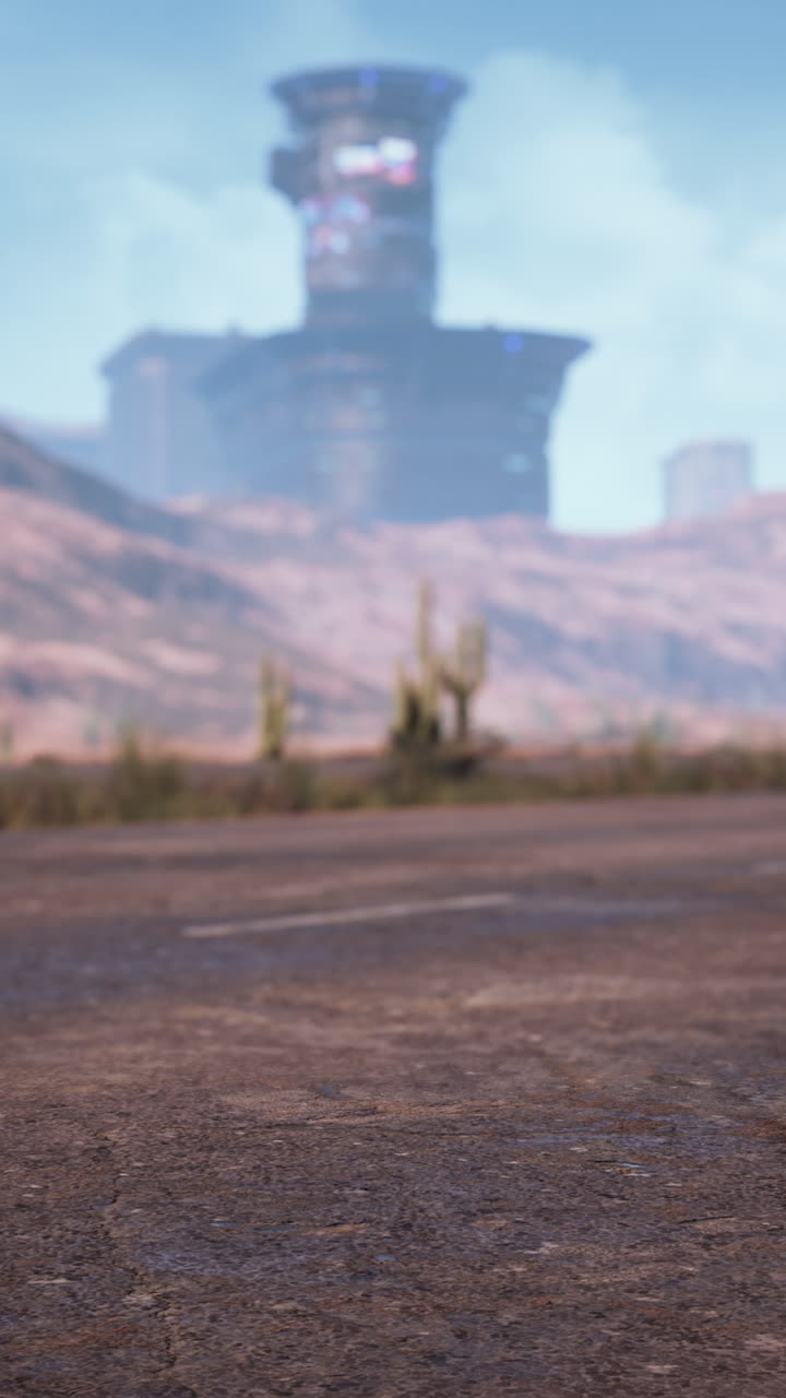 A long, winding road in a desert landscape leads to a futuristic tower