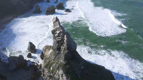 early morning aerial drone shot of portugal’s praia da ursa, highlighting the coastline near cabo da roca.