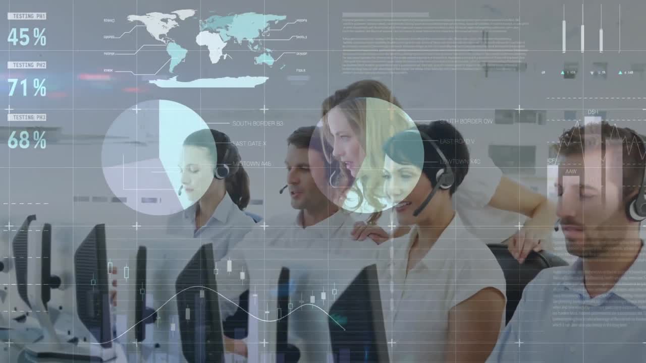 Animation of statistical data processing over female supervisor training her colleagues at office