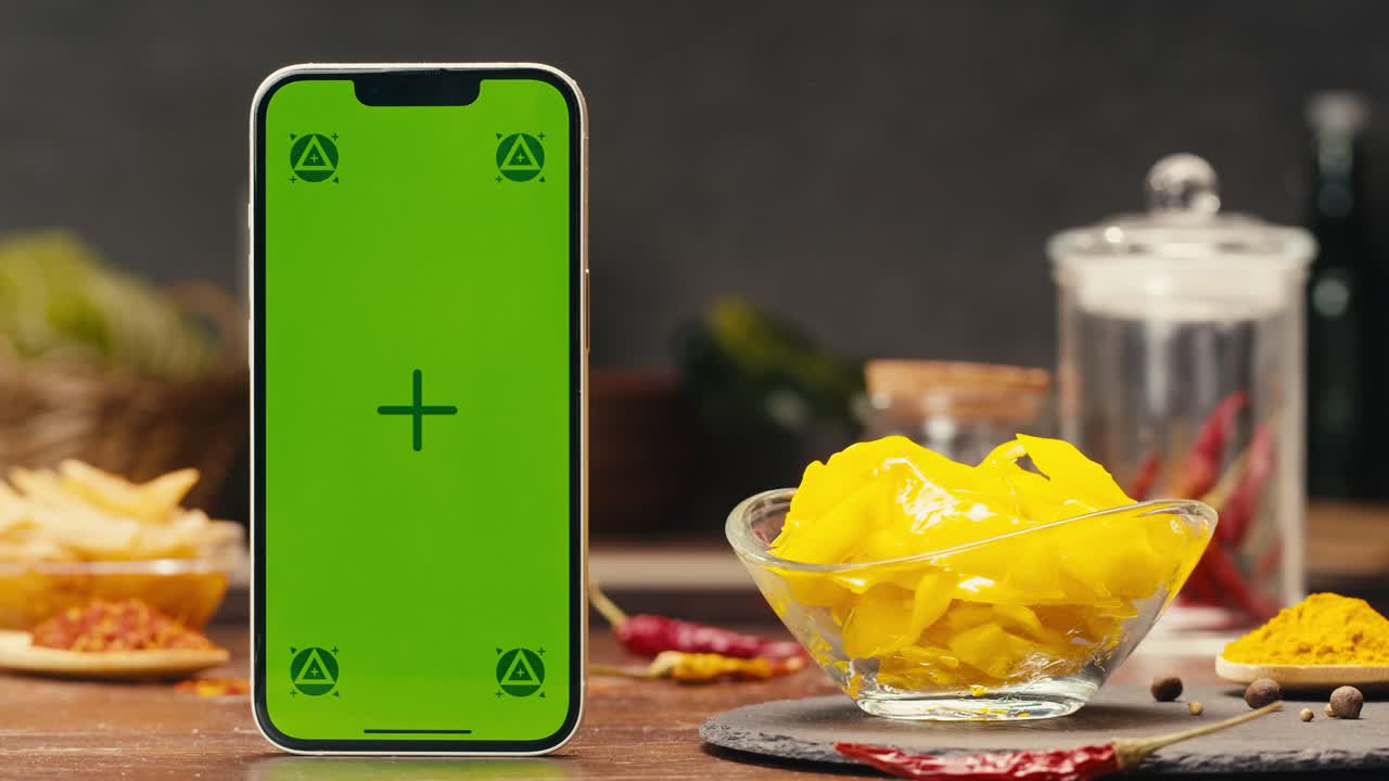 A modern greenscreen mobile device is displayed on a wooden table next to a bowl of food, demonstrating its versatility for multimedia projects