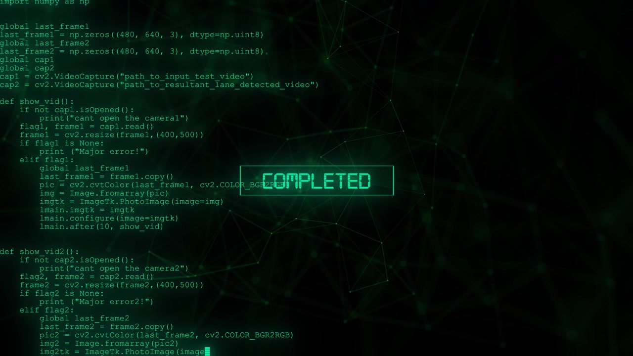 Digital loading bar program visual with green interface text connected node lines and dark coding
