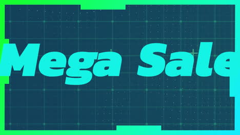 animación del texto de mega venta y cuadrados sobre fondo azul