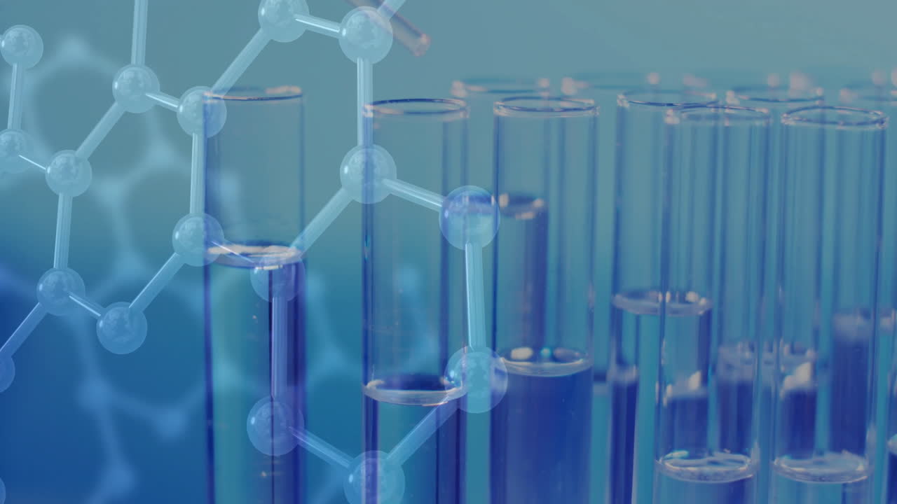 파란색 바탕에 실험실 접시 위의 화학 구조의 애니메이션