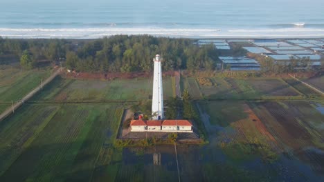 Remote-lighthouse-at-ocean-beach,-used-for-ship-navigation,-aerial-orbit