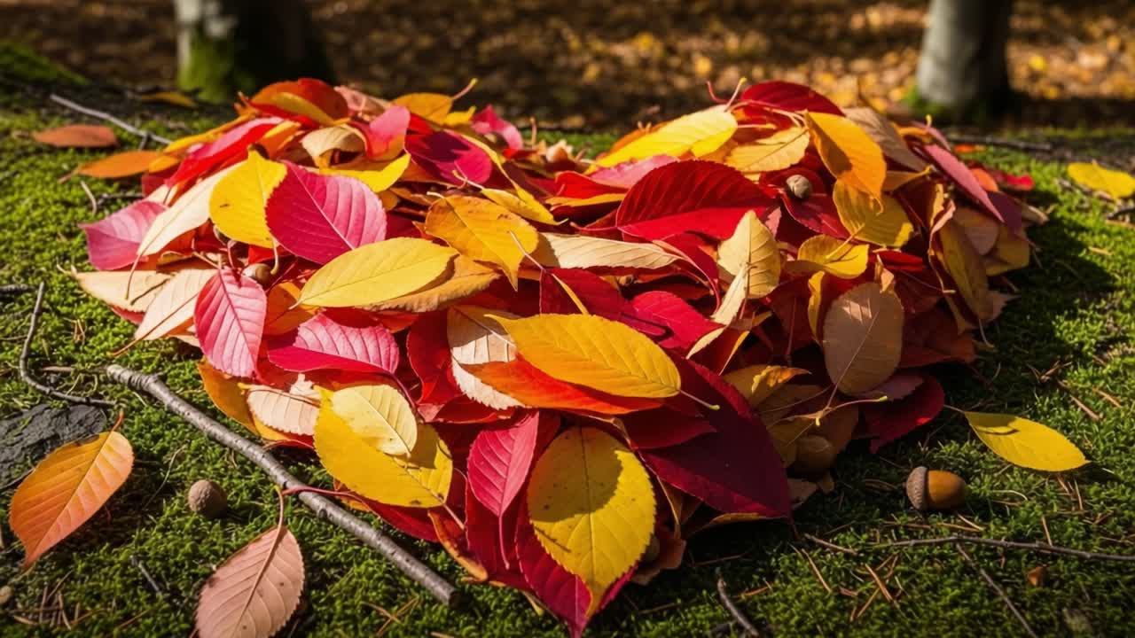 A Vibrant Heart-Shaped Arrangement of Colorful Autumn Leaves on a Tranquil Forest Floor, Showcasing Nature's Beauty in Rich Reds, Yellows, and Oranges