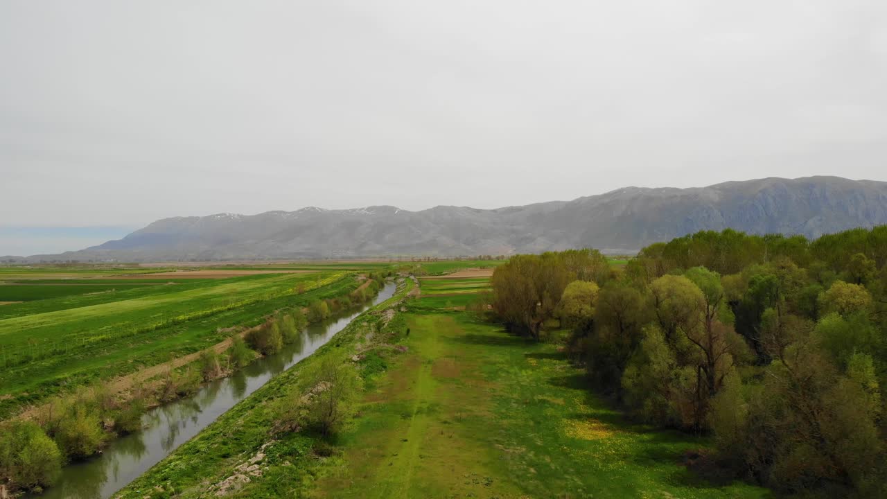 Panorama di campagna con appezzamenti agricoli, prati verdi e alberi della foresta in Europa
