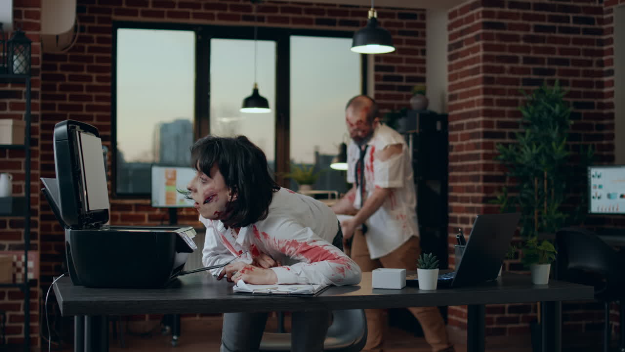 Goofy creepy zombie trying to photocopy her own head in office