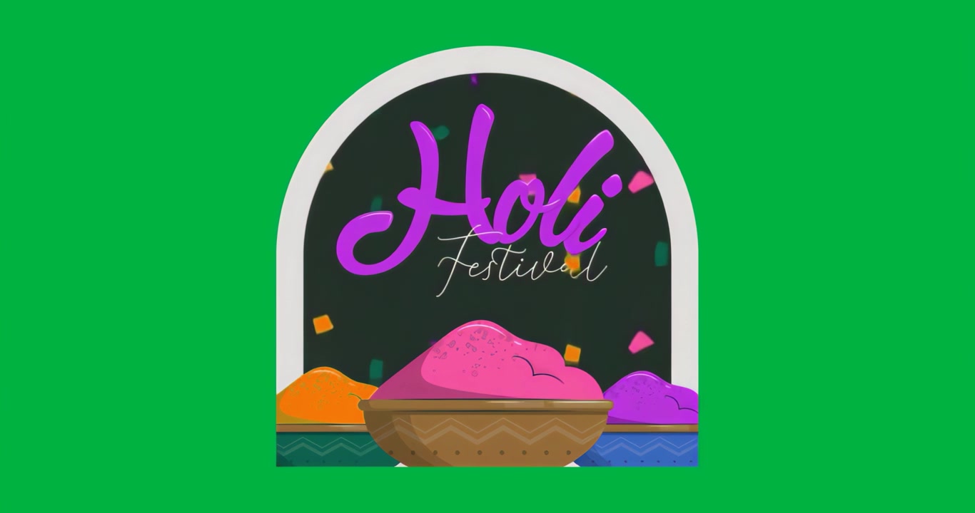 Animación de un arco que se ilumina, cuencos brillantes ascendiendo, texto desvaneciéndose, confeti a la deriva marcando Holi