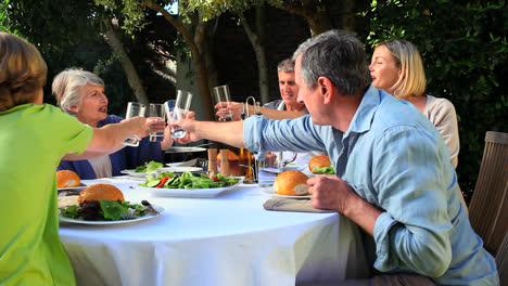 familia haciendo sonar vasos antes de una comida en el jardín