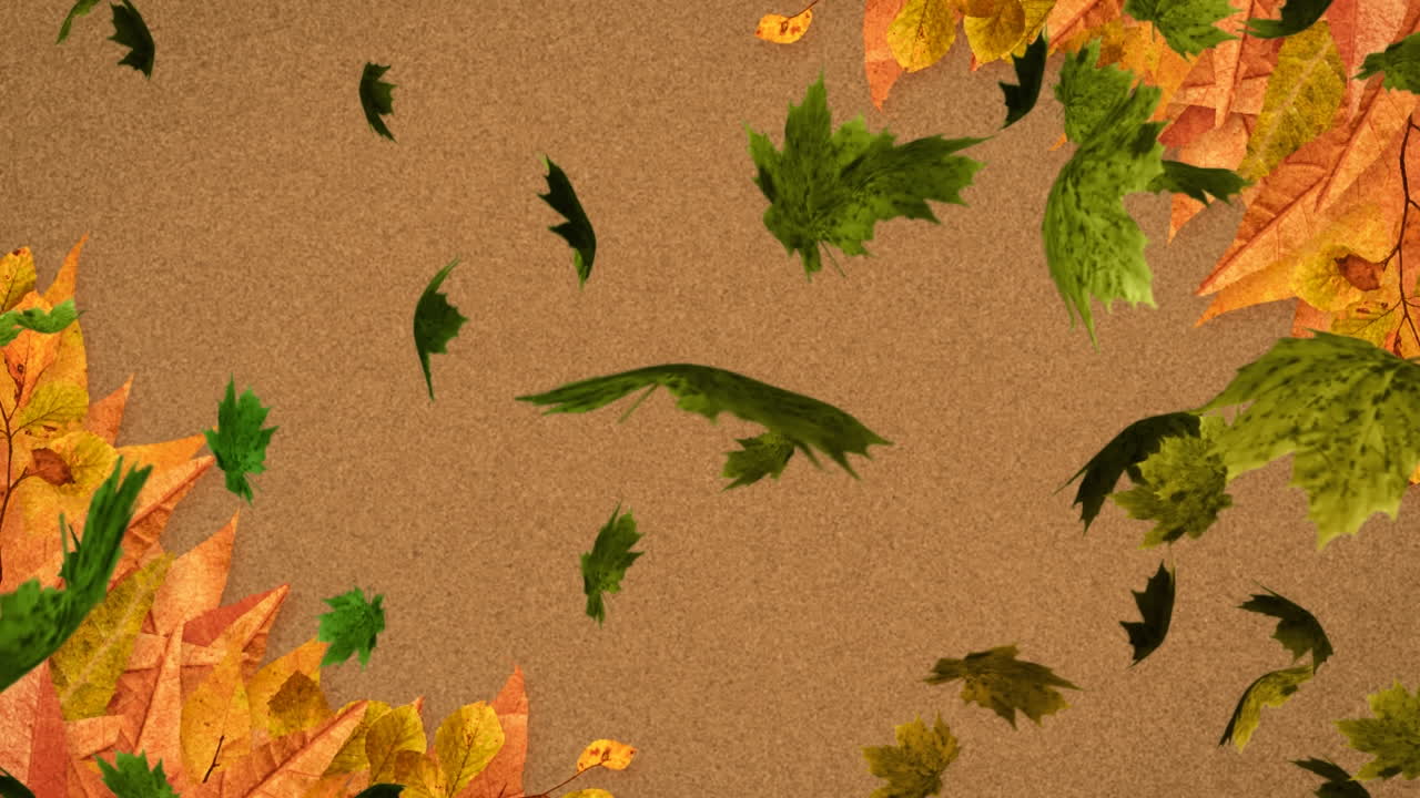 갈색 배경에 떨어지는 여러 개의 가을 잎의 애니메이션