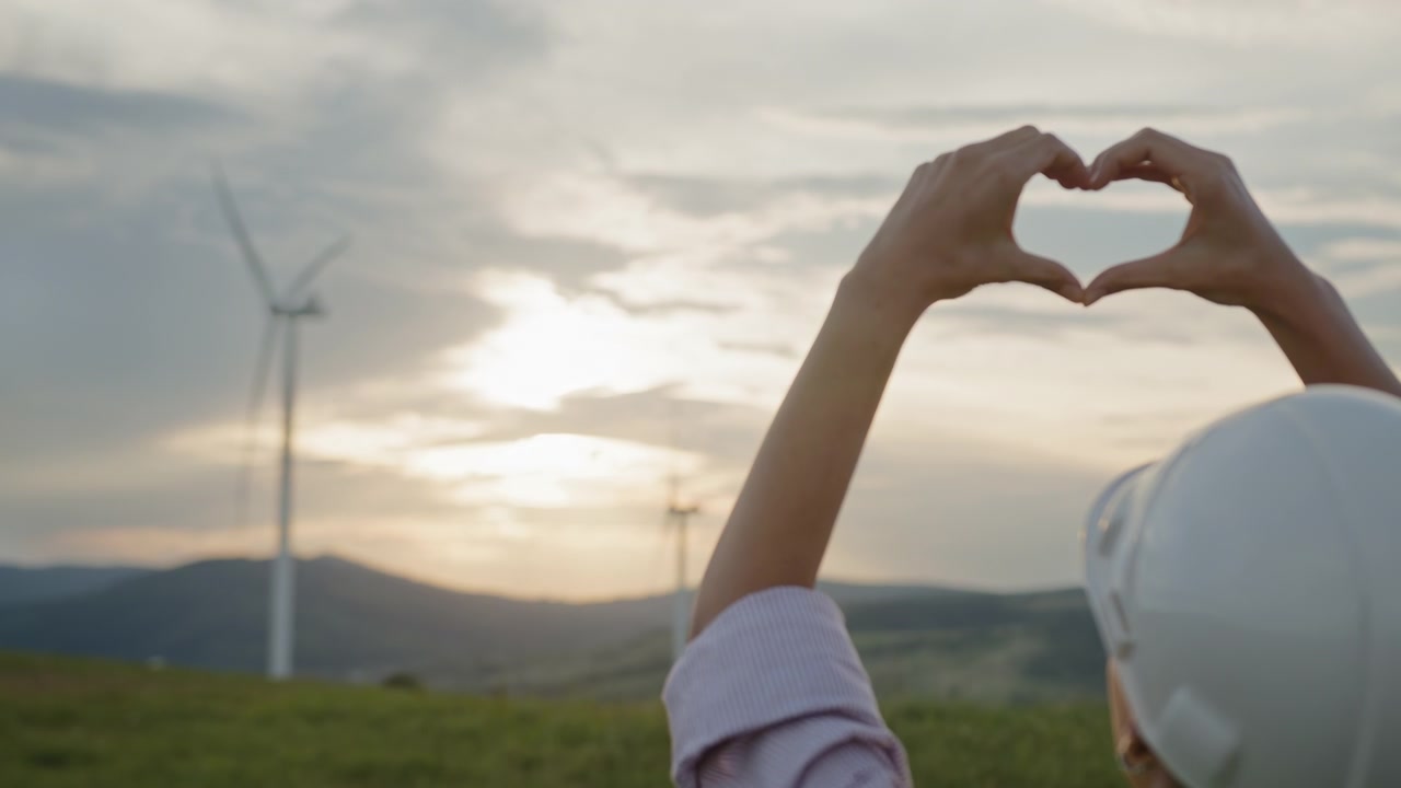 Mani che formano un cuore con turbine eoliche al tramonto, il gesto simboleggia l'amore per le energie rinnovabili