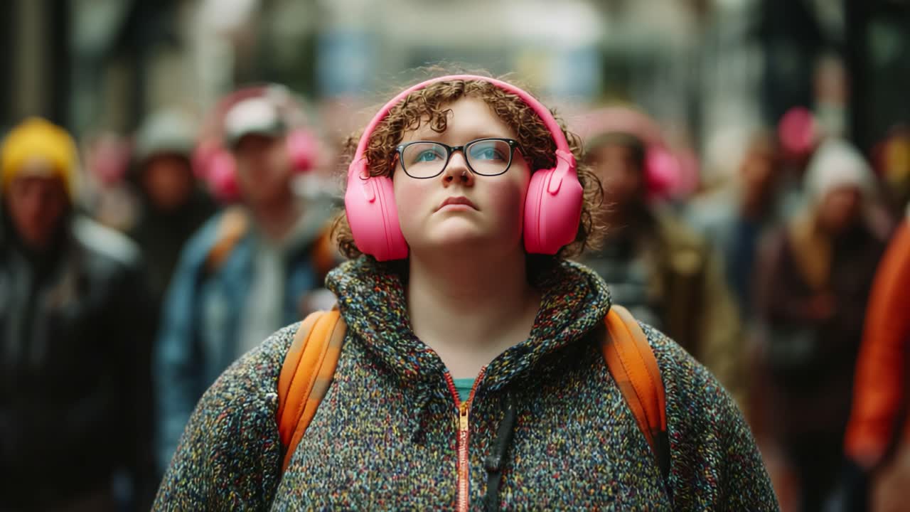 A young individual stands out in a busy street, wearing bright pink headphones and a cozy sweater, embodying the essence of music immersion amidst a lively urban backdrop