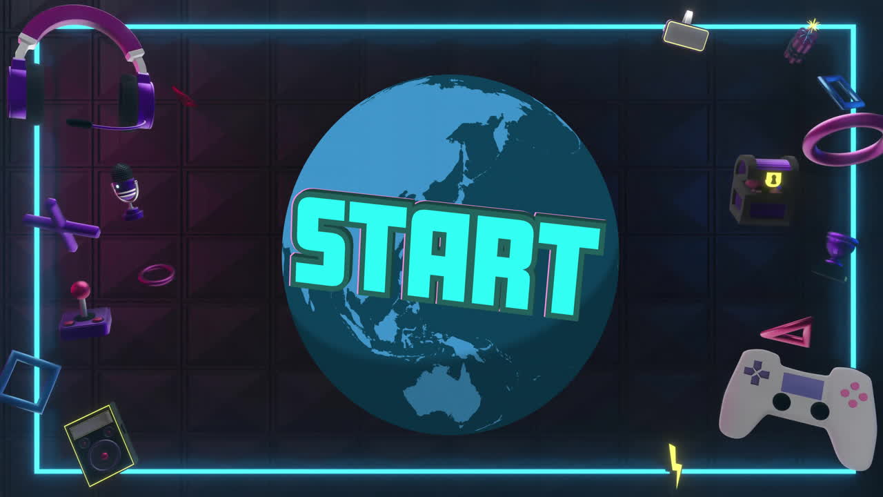 Animation of gaming icons and start text over globe