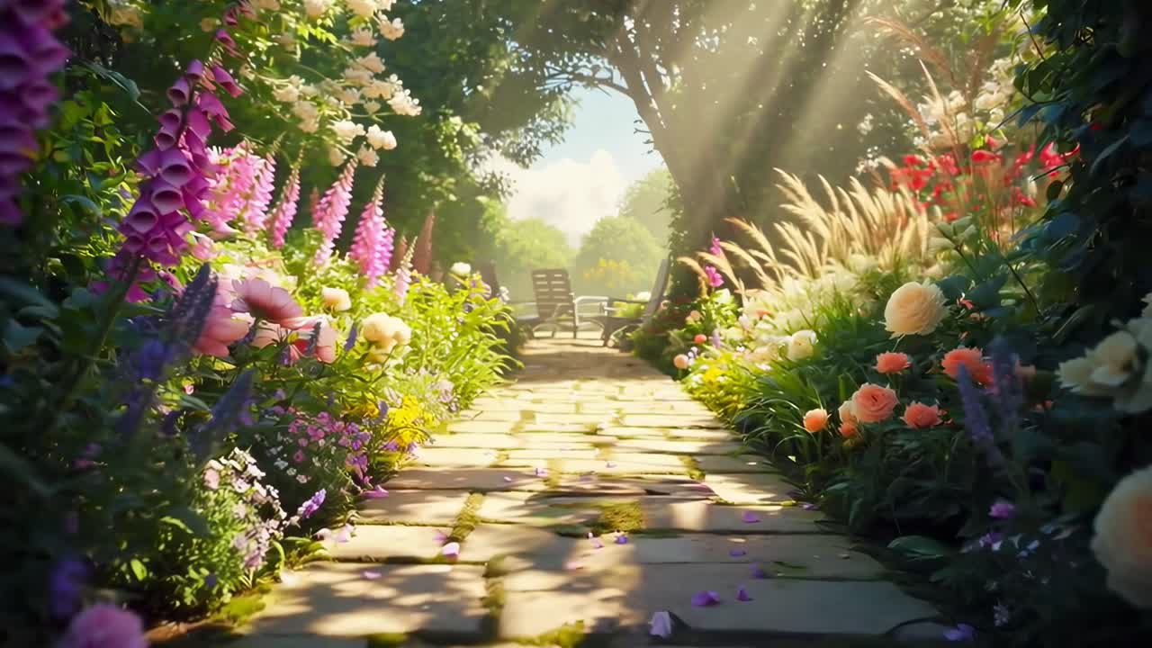 Lush garden path with flowers, sunlight streaming in Low-angle video captures serene beauty, Live