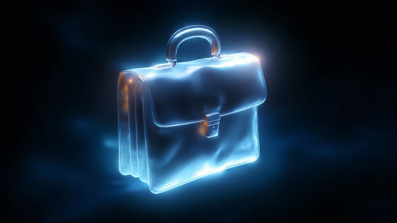Una valigetta traslucida e ipnotica che si illumina di luce eterea, a simboleggiare innovazione e professionalità, cattura l'essenza della comunicazione moderna e del design elegante in un'era digitale di eleganza e funzionalità.