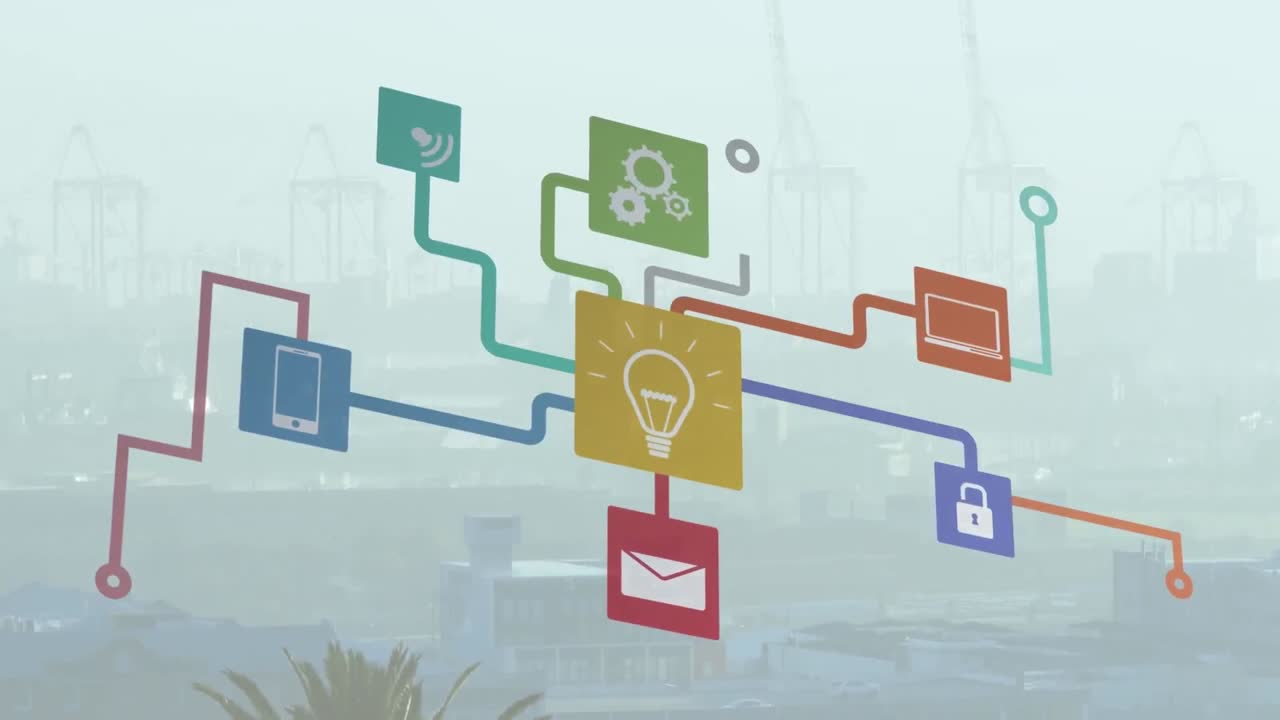 animación de una red de iconos digitales frente a una vista aérea del paisaje urbano