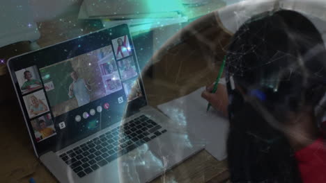 Taking notes in school, person watching animation during virtual meeting on laptop