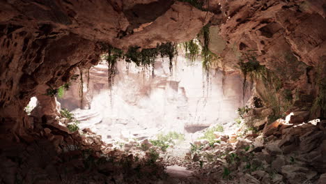 Dentro-De-Una-Cueva-De-Piedra-Caliza-Con-Plantas-Y-Sol