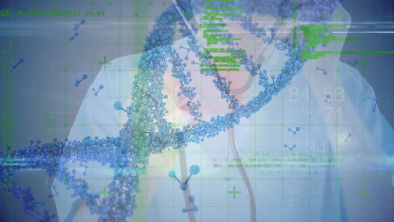 백인 여성 의사의 중간 부분에 대한 dna 및 데이터의 애니메이션