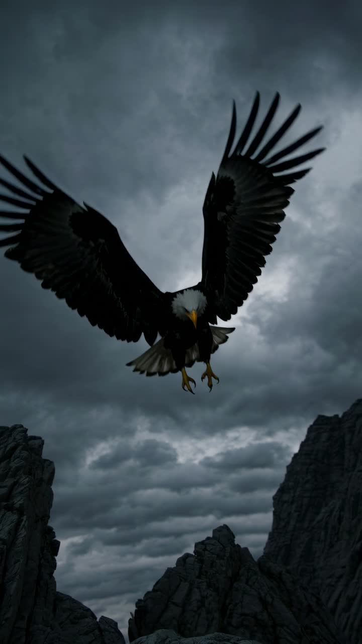 Dramatic video still of an eagle soaring between rocky cliffs under a stormy sky