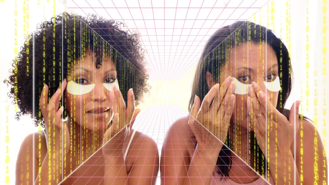 Two women lifting patches, applying for skincare, grid and yellowgreen numeric stream overlay faces