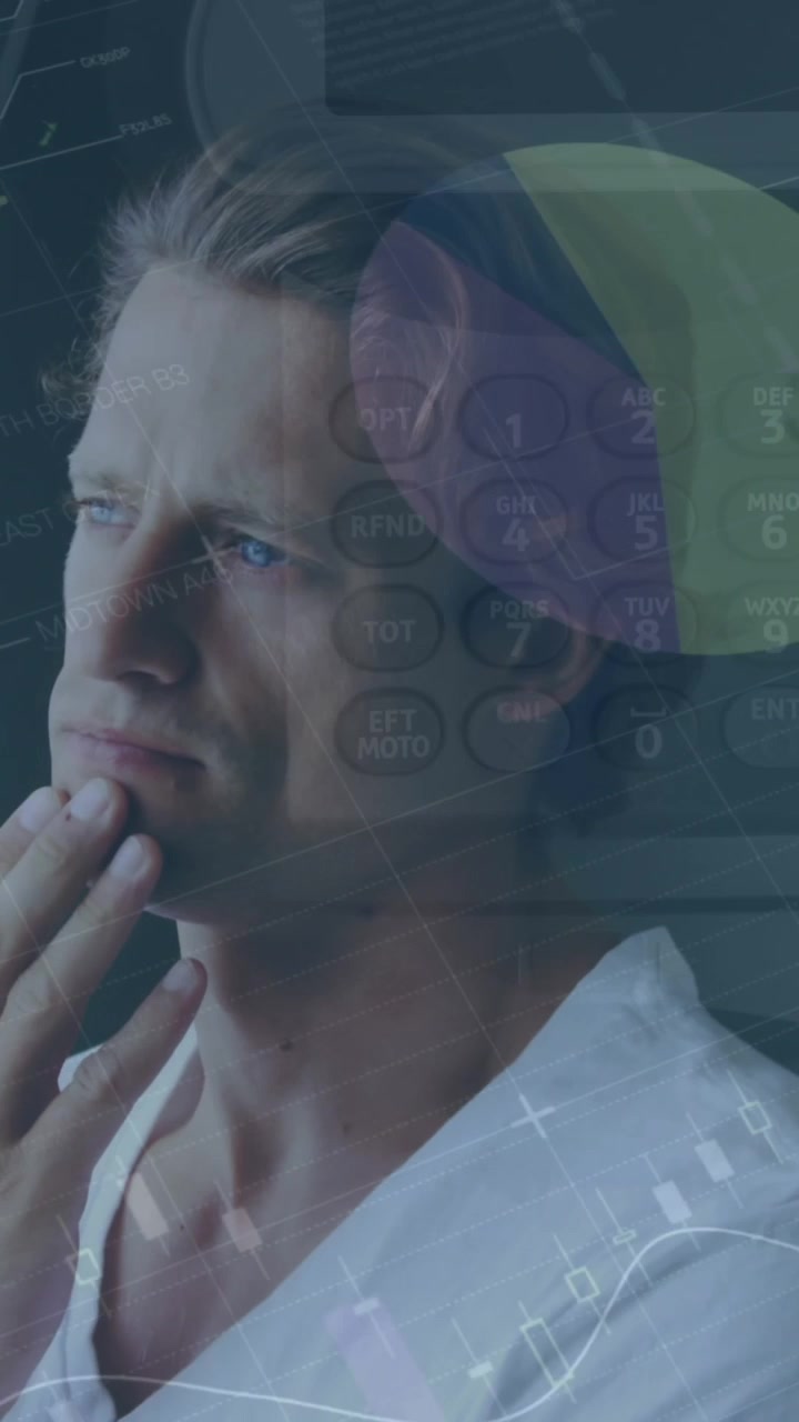 Animation of infographic interface and technology, thoughtful caucasian man looking through window