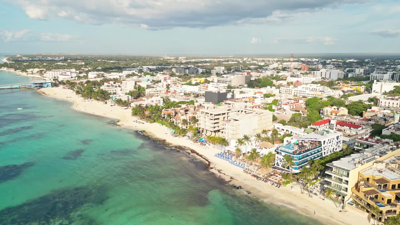Tropical beach town, aerial view of Playa del Carmen on a sunny day
