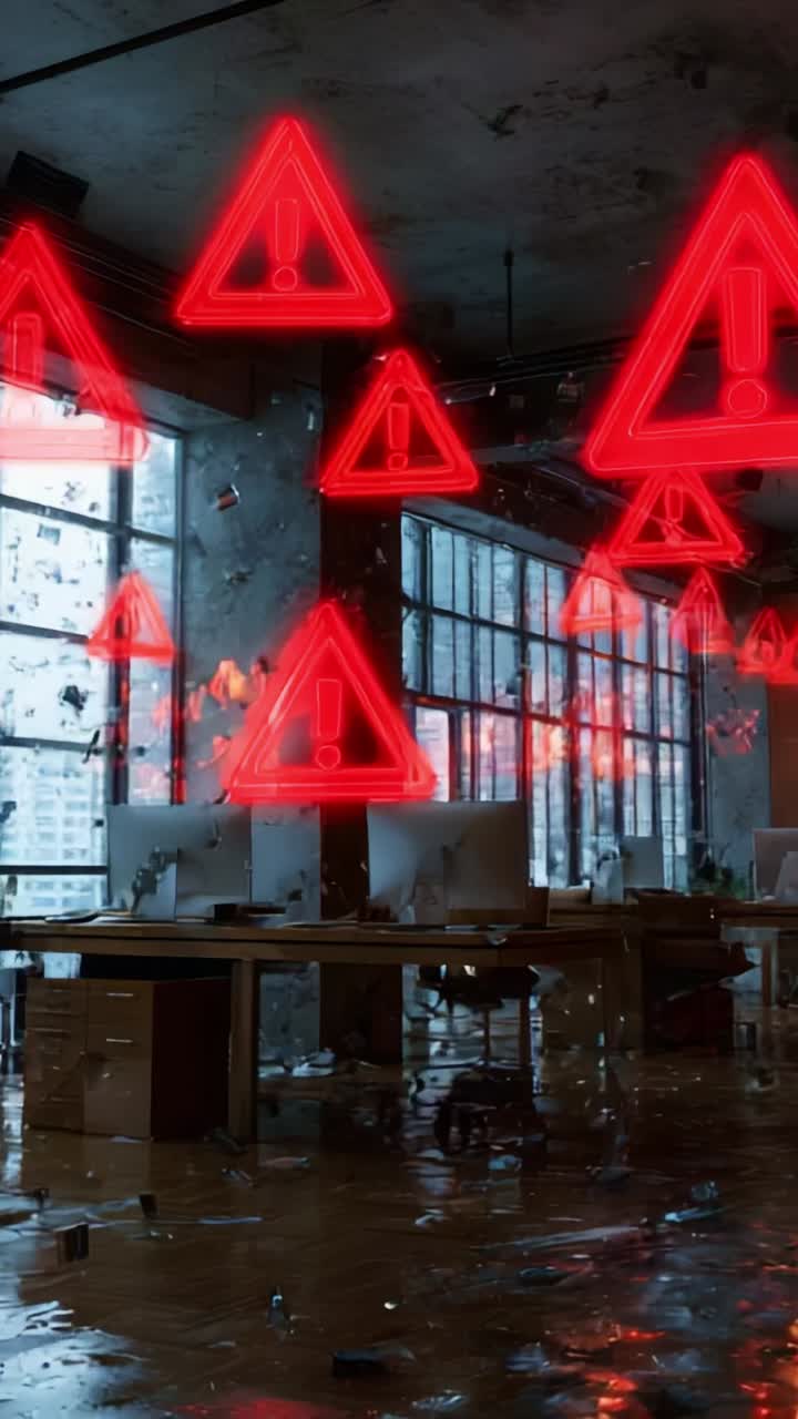 A dystopian office space filled with glowing red warning signs, symbolizing danger and alertness in a chaotic, modern workplace environment