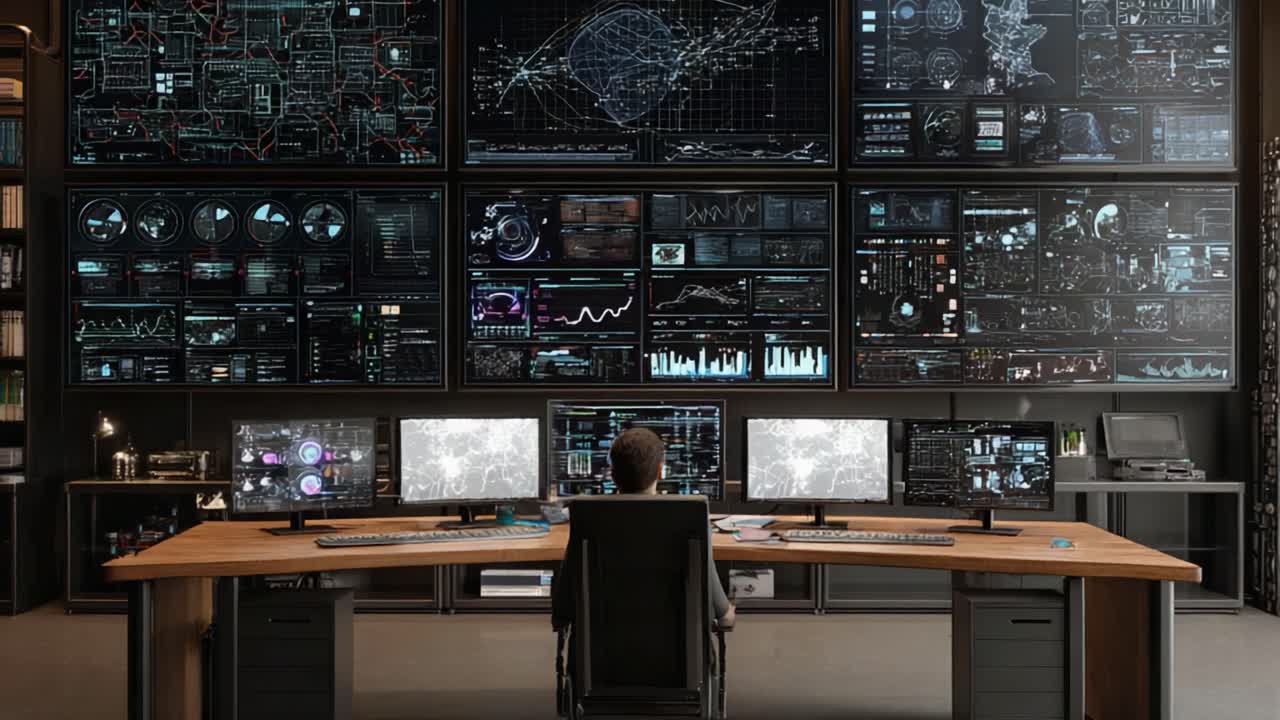 Una sala di controllo futuristica con schermi multipli che mostrano analisi dati complesse in un ambiente di centro di comando ad alta tecnologia.